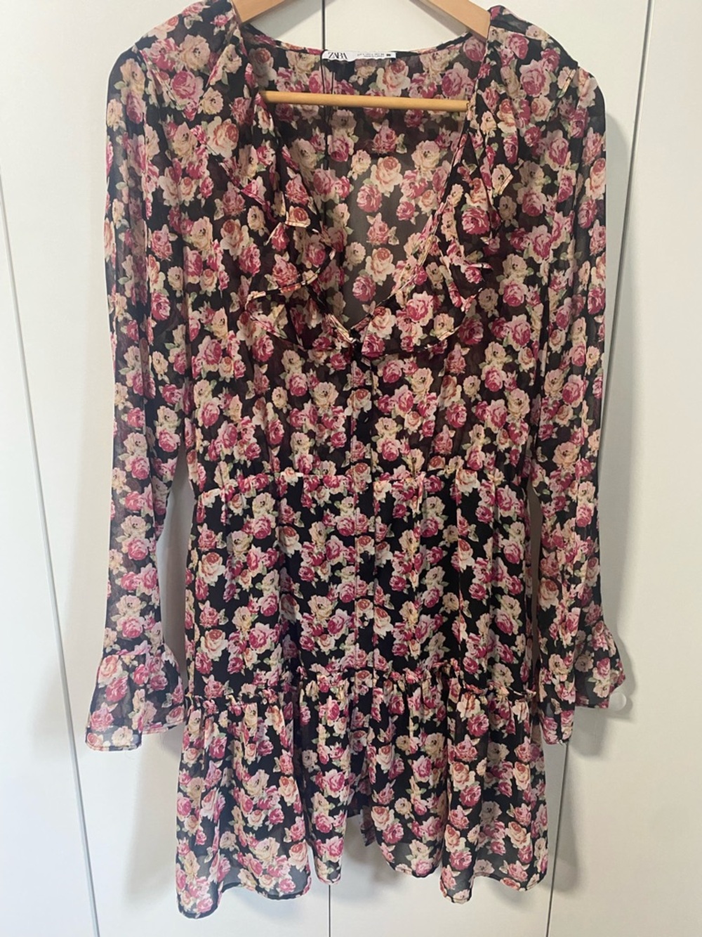 Zara Black Floral Dress with Pink & Cream Roses